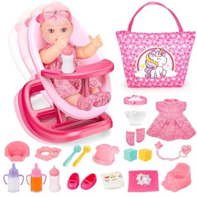 12 Inch Poppen Speelset met 20 Stukken - 2-in-1 Babypop met Schommelstoel en Voedingsaccessoires