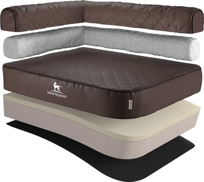 Knuffelwuff orthopedisch hoekhondenbed Winslow van laser-gewatteerd kunstleer L 85 x 63cm leuning links bruin