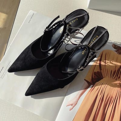 Damesschoenen Mode Puntige Pumps Hoge Hakken Kettingdecoratie Elegante Achterkant Open Sandalen Alledaags Gesp met één woord 35 zwart