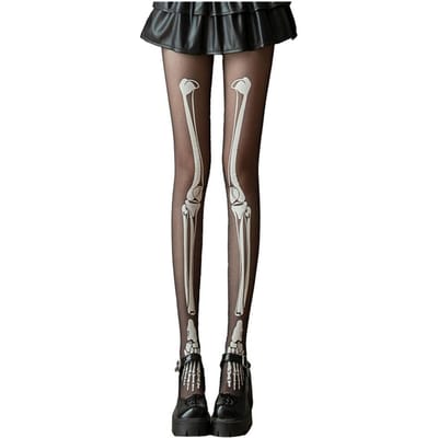 Halloween Skelet Dames Panty Spook Beenprint Kleurcontrast Licht op in het Donker Lichtgevend Fijn Gaas Angstaanjagend Antislip Cosp Praktisch Gebruik wit