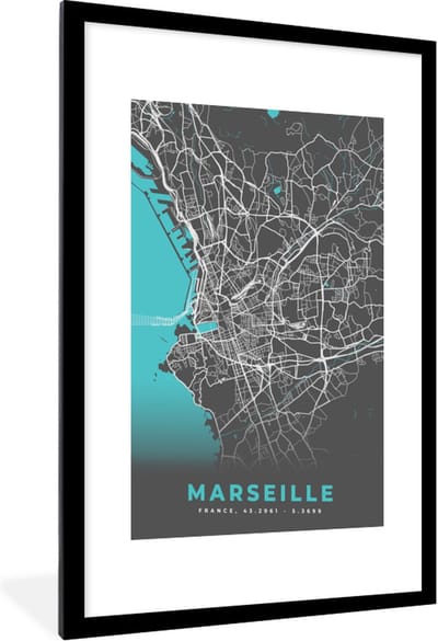 Fotolijst incl. Poster - Marseille - Frankrijk - Plattegrond - Stadskaart - Kaart - 60x90 cm - Posterlijst