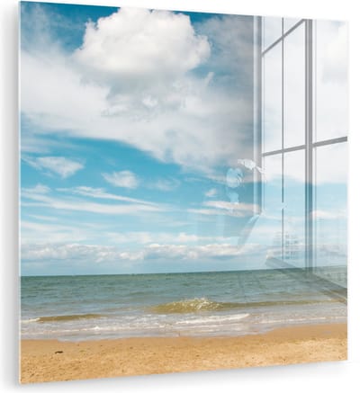 MuchoWow® Glasschilderij 90x90 cm - Schilderij acrylglas - Strand - Zomer - Wolken - Foto op glas - Muurdecoratie woonkamer - Wanddecoratie slaapkamer - Schilderijen