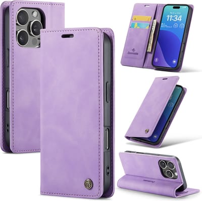 Casemania Hoesje Geschikt voor Apple iPhone 16 Pro - Bright Lila - Dunne Portemonnee Book Case - Slim Wallet Case met Pasjeshouder