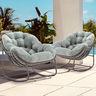 Schommelstoel Papasan XXL 43,7 x 31,2 x 31,5 cm – Extra Brede Relaxstoel met Dik Kussen, Rotan Look, Stalen Frame, Lounge Fauteuil voor Woonkamer, Slaapkamer, Balkon en Tuin – Groen – Mobili Bella