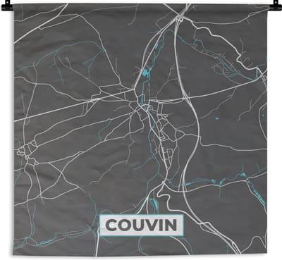 Wandkleed - Wanddoek - België – Couvin – Stadskaart – Kaart – Blauw – Plattegrond - 180x180 cm - Wandtapijt