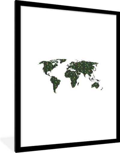 Poster in lijst - Fotolijst 60x80 cm - Posters - Wereldkaart - Planten - Groen - Posterlijst zwart - Decoratie - Wanddecoratie woonkamer - Muurdecoratie slaapkamer