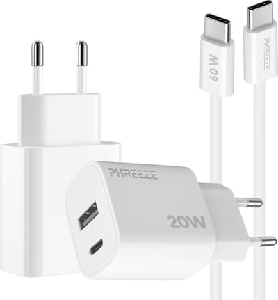 Phreeze usb C adapter 20 W met usb C naar usb C kabel 1 meter - Snellader voor A56 A55 A17 A37 A36 A16 en S25 S24 S23 S22 en Tab S9 S8 S7 A7 A8 A9 - Oplader met 2 poorten