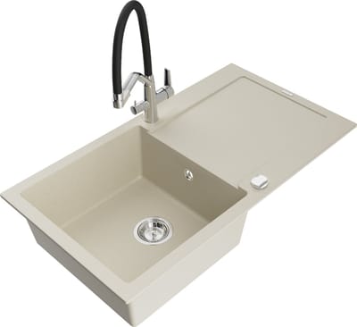 Mexen Leo granieten spoelbak, 1-komerig met druiprek en Duo keukenmengkraan, beige - 6501-69-671701-07