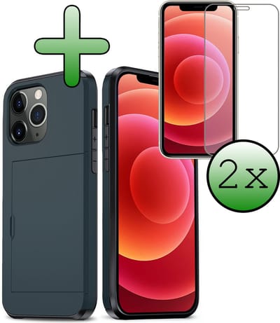 Hoes Geschikt voor iPhone 11 Pro Hoesje Hard Case Met Pas Houder Met 2x Screenprotector - Hoesje Geschikt voor iPhone 11 Pro Hoes Shockproof Hard Cover Met Kaarthouder - Donkerblauw