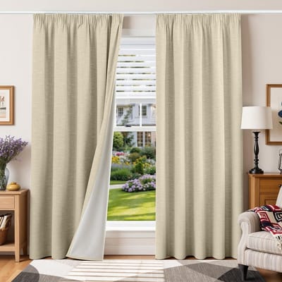 100% ondoorzichtige gordijnen met rimpelband, linnenlook, verduisteringsgordijnen, 200H x 160B x 2, beigegrijs, thermische gordijnen, bescherming tegen kou, woonkamer, verduisteringsgordijn