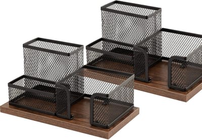 Famanu - Antiek hout en gaas pennenhouder kantoorbenodigdheden Caddy, opbergmanden voor bureauaccessoires met houder voor kleverige notities, 3 compartimenten (2 stuks zwart)