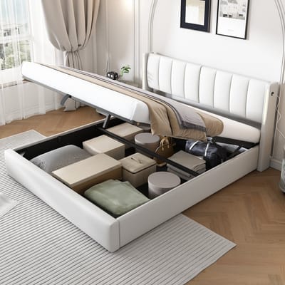 MIVRAY Gestoffeerd Bed 180x200 cm Zonder Matras - Tweepersoonsbed Met LED Verlichting En USB Aansluiting - Met Opbergruimte En Verstelbaar Hoofdbord - Kunstleer - Wit