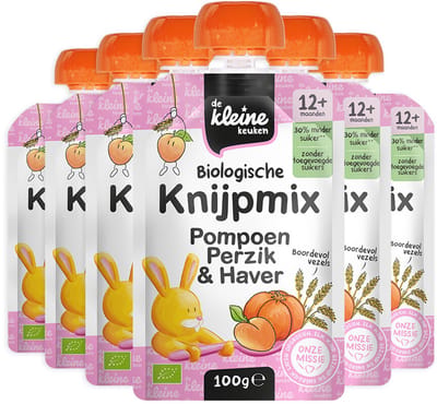 de Kleine Keuken Bio Knijpmix 12+m Pompoen Perzik Haver - 6 x 100 gr - Voordeelverpakking