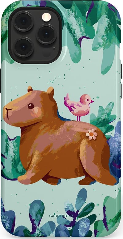 Casetastic Hoesje Geschikt voor Apple iPhone 12 Pro Max Magsafe - Stijlvolle Beschermende Duo-layer Case - Capibara Vogeltjes Vriend