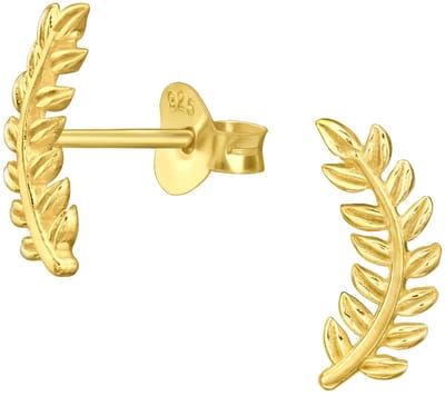 Joy|S - Zilveren takje met blaadjes oorbellen - 4.5 x 12 mm - blad oorknoppen - gold plated