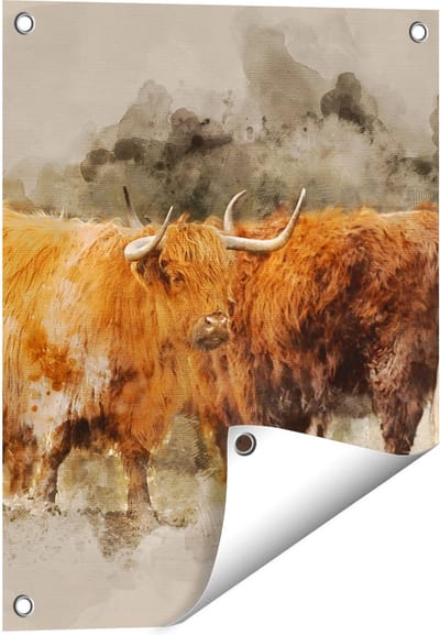 Gards Tuinposter Twee Schotse Hooglander Koeien - Abstract - 40x50 cm - Tuindoek - Tuindecoratie - Wanddecoratie buiten - Tuinschilderij