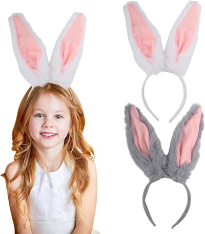 Set van 2 Pluche Konijnenoren Hoofdband voor Vrouwen en Kinderen - Schattige Paasaccessoires voor Kostuums en Rollenspellen (Wit + Grijs)