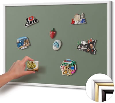 Wallfluent - Olijf Magneetbord Met Effen Achtergrond - 80 cm x 60 cm - Magneetbord met Witte Frame - Olijfkleur - Magneetbord voor Herinneringen - Magneetbord voor Foto's en Notities - Magnetisch Bord voor Magneten