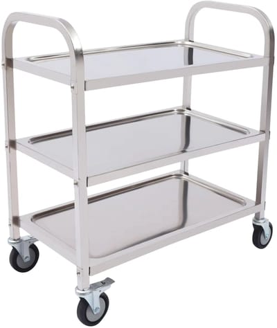 3-laags roestvrijstalen hulpwagen – Voor hotel, restaurant en thuisgebruik – rolwagen met wielen voor opslag en transport van goederen – 85,0 × 45,0 × 90,0 cm – zilver en zwart – roestvrijstaal