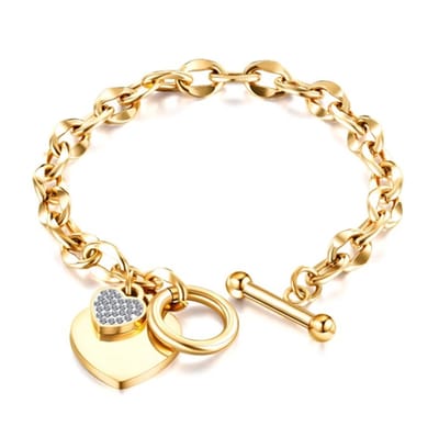 armband RVS met groot hart en klein hart met steentjes - 18cm - kleur goud - cadeau moeder dochter - haert - liefde - luxe