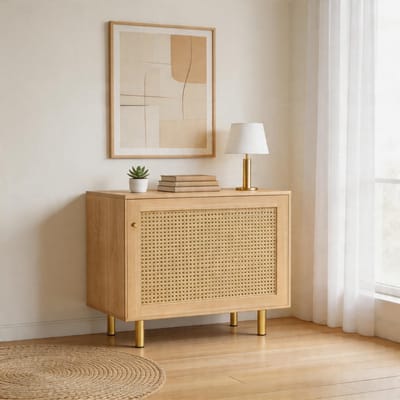 KOMHTOM - Dressoir van riet nachtkastje - opbergkast met één deur - rustiek dressoir voor de eetkamer - natuurlijke houtlook - H63/B60/D40 cm