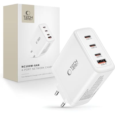 Tech-Protect NC100W-GAN GaN 3x USB-C PD 100W / USB-A QC 3.0 Charger - White