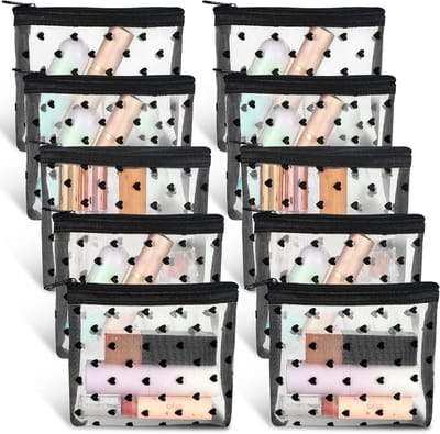 Set van 10 hartvormige cosmetica tassen, 3D make-up tassen met rits, mini mesh opbergtas voor vrouwen, ideaal voor reizen, lipstick en organisatie thuis