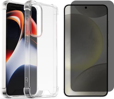 Casemania Hoesje + Privacy Glas Geschikt voor Samsung Galaxy S25 - Transparant - Anti Shock Back Cover/ Privacy Glazen Screenprotector