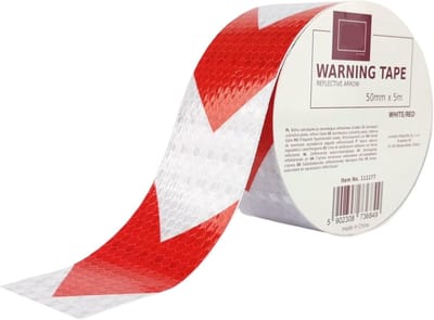 Famanu – 50 mm x 5 m, Adhesive Sealing Tape, Striped Floor Warning Tape and Safety Marking, Reflective Arrow, White/Red