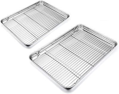 Stalen bakplaat met taartrooster, set van 4 voor bakken en afkoelen - Gezond, niet-toxisch, eenvoudig schoon te maken en vaatwasmachinebestendig.