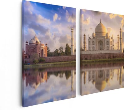 Artaza Canvas Schilderij Tweeluik Taj Mahal bij het Water in India - 80x60 - Foto Op Canvas - Canvas Print