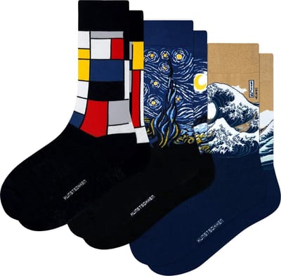 Kunst sokken - Bestverkochte 3-pack: Van Gogh, Hokusai, Mondriaan - Sokken Dames 36 40 - Biologisch Katoenen Sokken - funny socks happy - Vrolijke Sokken - Grappige Sokken - Sokken Cadeau