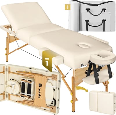 tectake® 3-Zone Massagetafel - 218x102x65cm - Mobiele Massagebank met Houten Frame - 7,5cm Matras - In Hoogte Verstelbaar - Inclusief Draagtas, Hoofdsteun en Armleuning - Max Draagvermogen 250kg - Beige