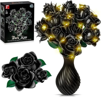 Zwart Rozenboeket Bouwset met LED-verlichting en Keramische Vaas - Bloemen Cadeau