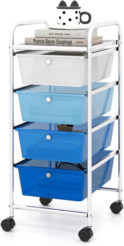 COSTWAY Rolwagen met 4 stapelbare laden, ladewagen, rolcontainer met metalen frame en legvlak, opbergwagen voor kantoor, woonkamer (blauw)