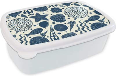 Broodtrommel Wit - Lunchbox - Brooddoos - Schelpen - Strand - Blauw - Patroon - 18x12x6 cm - Volwassenen