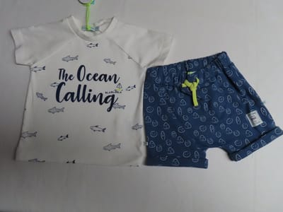 Ensemble - Jongens - T shirt + short - Ecru / blauw - Ocean - 9 maand 74