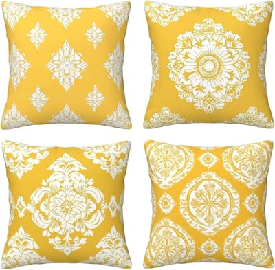 Kussenslopen van 65 x 65 cm, set van 4 stuks, zachte kussenslopen met onzichtbare rits, voor slaapbank, woondecoratie, geel en wit etnische print, set van 4 kussenslopen 26 x 26 inch U3779
