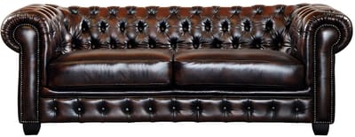 Vente-unique Driezitsbank en fauteuil Chesterfield BRENTON 100% buffelleer - bruin tinten