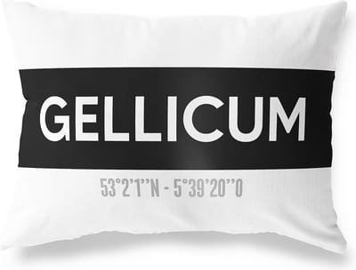 Tuinkussen GELLICUM - GELDERLAND met coördinaten - Buitenkussen - Bootkussen - Weerbestendig - Jouw Plaats - Studio216 - Modern - Zwart-Wit - 50x30cm