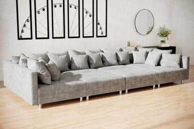 hoekbank denver xxl- grijs stof- met 2 poefs (hocker)- hoeksalon denver wooneiland - zetelsenbedden