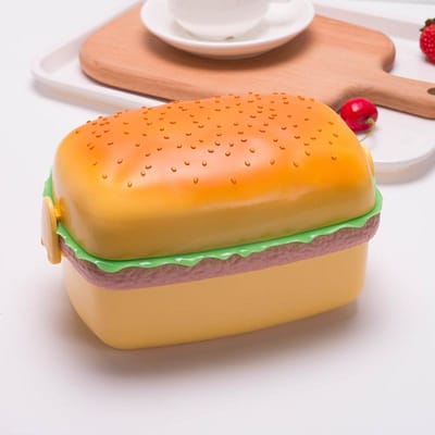Hamburger Lunchbox Dubbele Laag Schattige Burger Bento Box Magnetron Kinderen Schoolmaaltijd Voedselcontainer Vork Serviesset Geschenken oranje