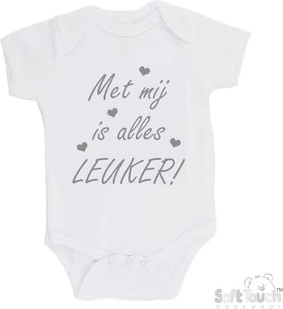 100% katoenen Romper "Met mij is alles LEUKER!" Unisex Katoen Wit/grijs Maat 62/68