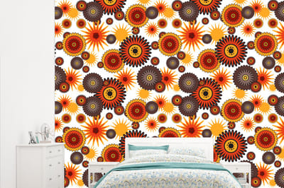 Behang - Fotobehang Design - Retro - Oranje - Bloemen - Breedte 315 cm x hoogte 260 cm