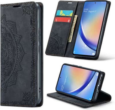 Casemania Hoesje Geschikt voor Samsung Galaxy A14 Charcoal Gray - Mandala Dunne Portemonnee Book Case - Slim Wallet Case met Pasjeshouder