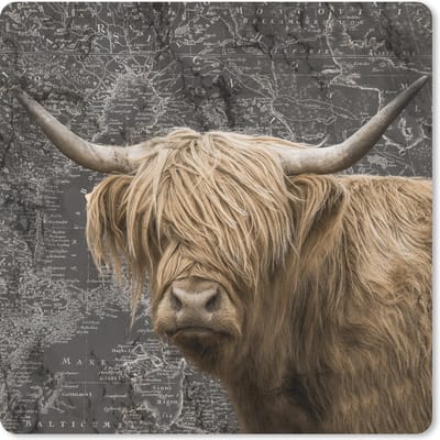 Muismat 20x20 cm - Mousepad Schotse hooglander - Wereldkaart - Dieren - Muismatten