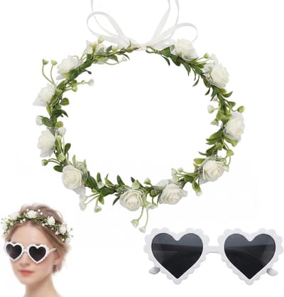 EVJF Bride to Be Accessoires - Kit met crèmekleurige bloemenkrans en witte hartvormige zonnebril, bruiloftsdecoratie en fotobooth voor toekomstige bruid en bruidsmeisje
