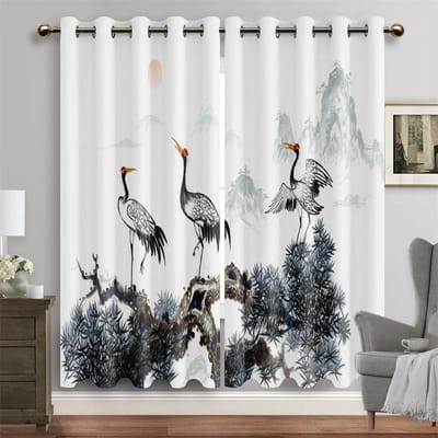 Chinees Traditioneel Inkt Schilderij Landschap Raamgordijnen Jaloezieën Voor Woonkamer Kinderkamer Badkamer Keuken Deur Woondecoratie 2 Stuks W65X60H(cm)X2Pcs&Grommet Top