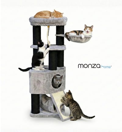 Krabpaal voor Katten 134 cm – Kattenboom - Kattenhuis – 5 Ligplekken voor Meerdere Katten – Hangmat, Hol & Sisal Krabplank – Grijs – Monza Home