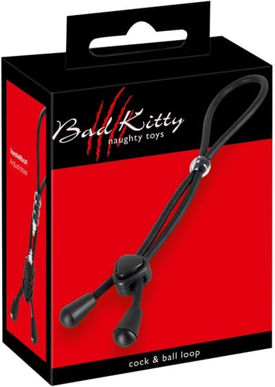 Bad Kitty – Veter Strik Penis en Testikel Ring met Dubbele Lus met Handige Eind Dop – Zwart